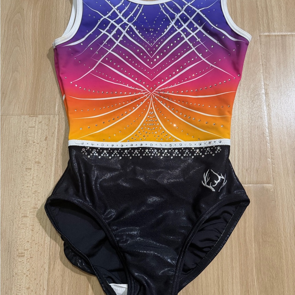 Rhinestone Ombre Gymnastics Leotard in Purple-Pink-Orange-Black